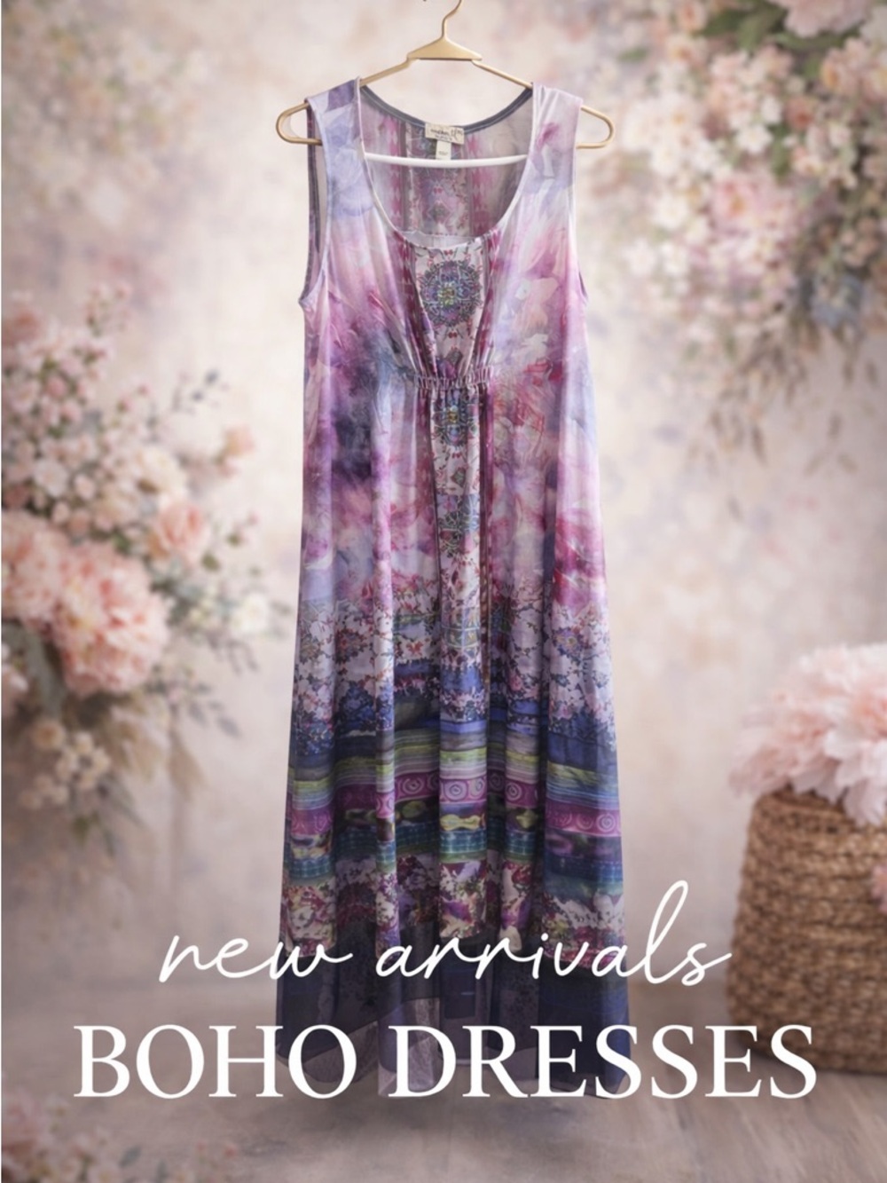 Boho Tie Dye Sleeveless Dress Embellished Empire Waist Flowy XS